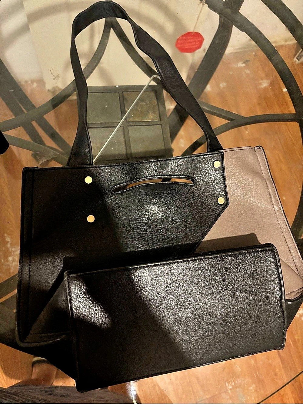 Two-Tone Leather-Look Tote with Pouch